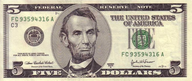 Портрет Линкольна  на купюре 5 долларов